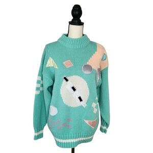 American Line By Stefano Vintage Sweater Aqua Geometric High Neck Kawaii Sz 20W